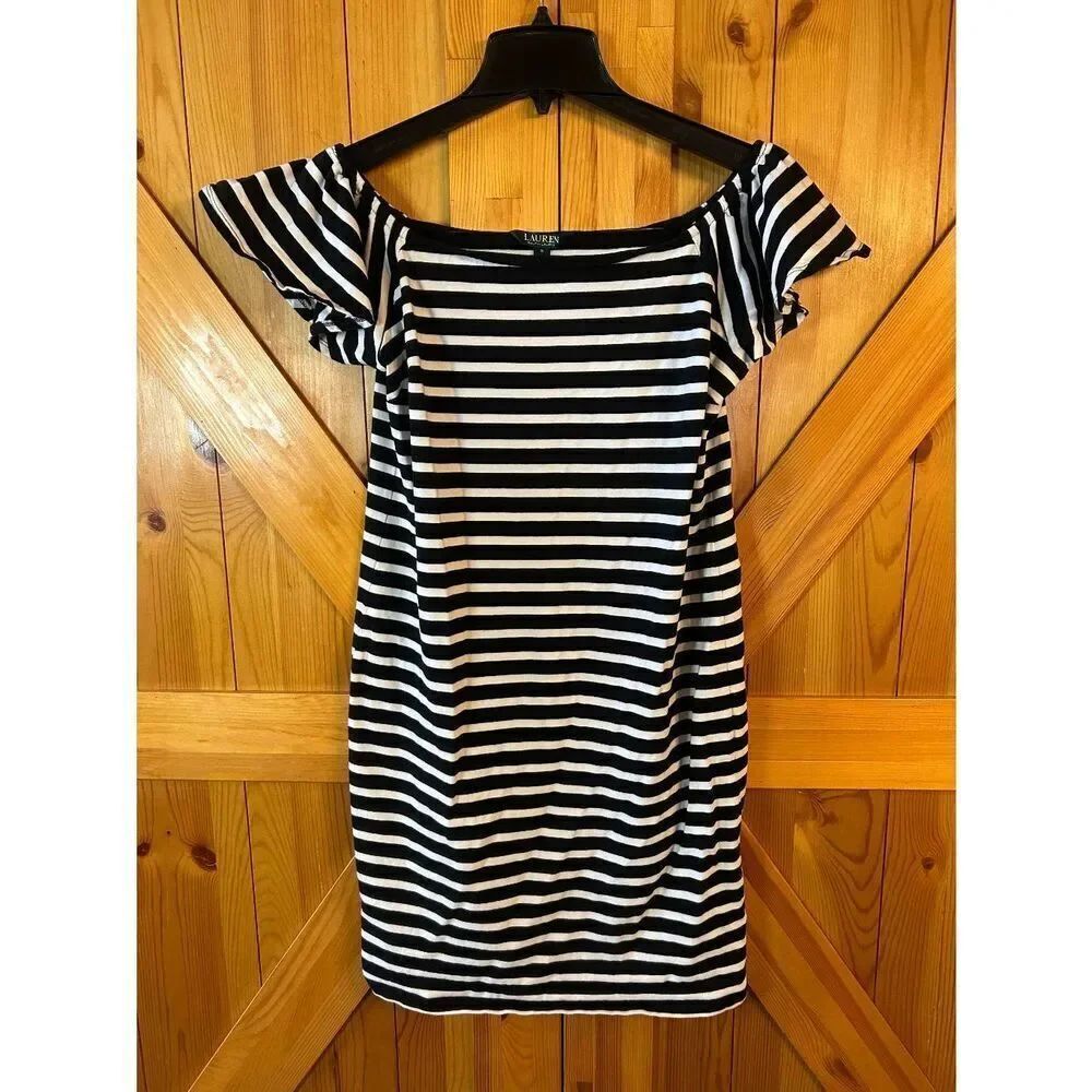 Lauren Ralph Lauren Black White Stripe Flutter Sleeve Dress Size Small (8961)